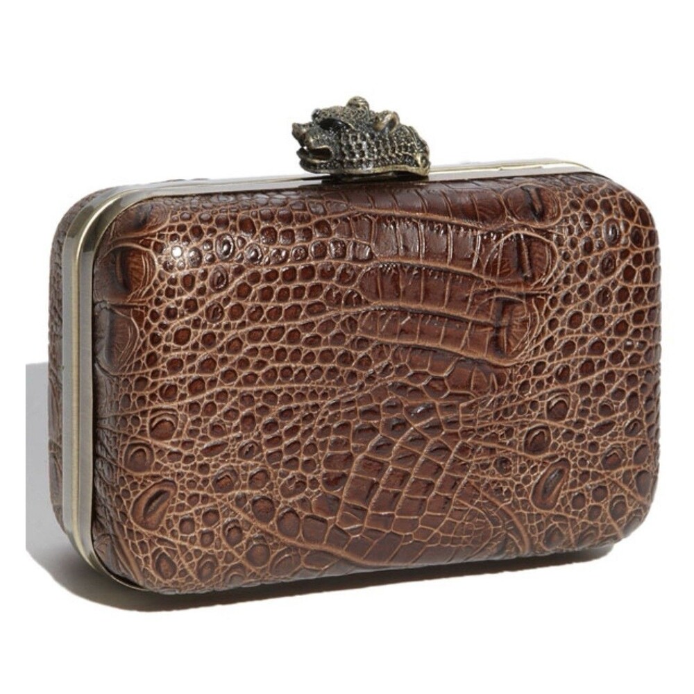 House Of Harlow 1960 Marley Brown Croc Embossed Leather Clutch (Missing Strap)